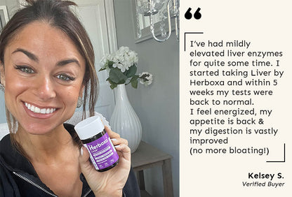 Herboxa Liver product review: "I've had mildly elevated liver enzymes for quite some time. I started taking Liver by Herboxa and within 5 weeks my tests were back to normal. I feel energized, my appetite is back & my digestion is vastly improved (no more 